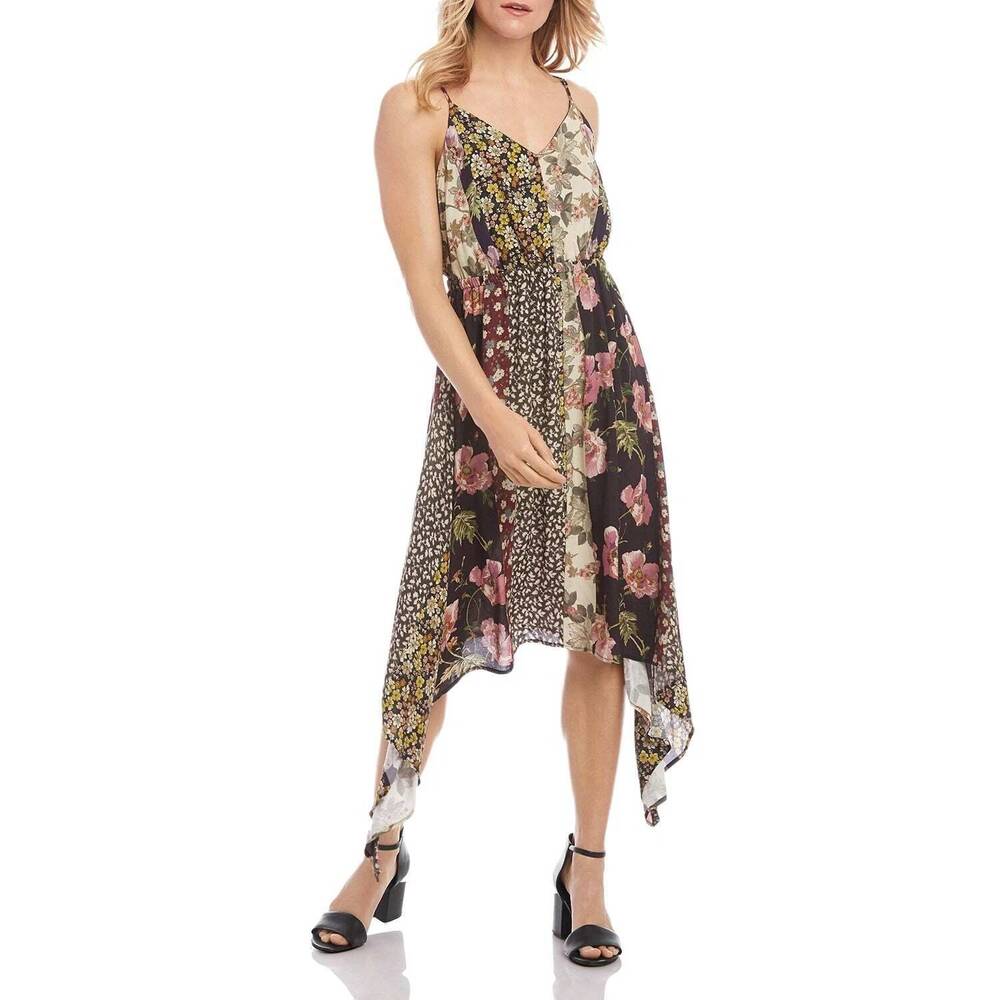 NEW KAREN KANE mixed print handkerchief hem slip dress in floral print